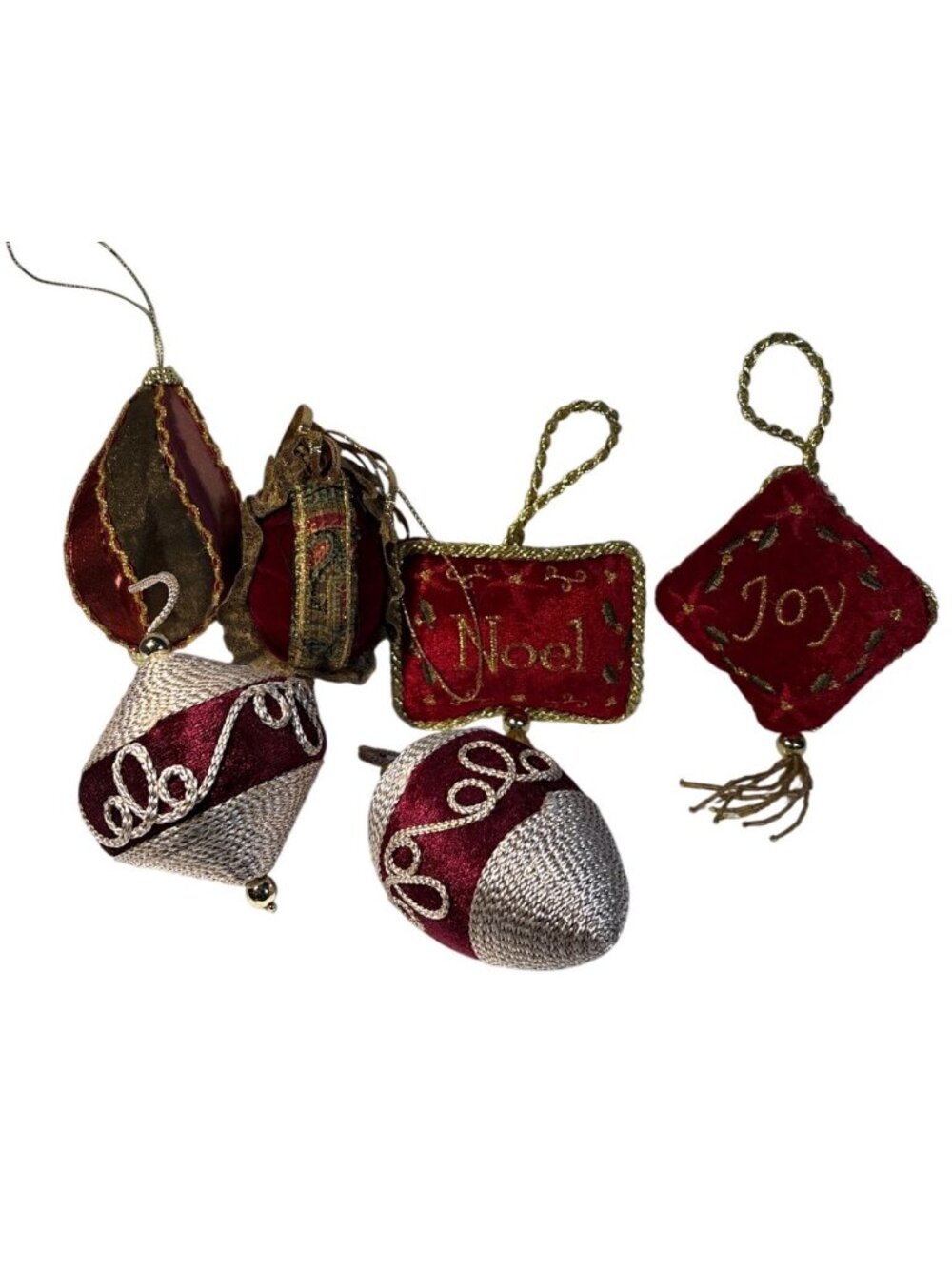 6 Red & Gold Embroidered Velvet Christmas Ornaments Tassels Hanging Loops Vintag